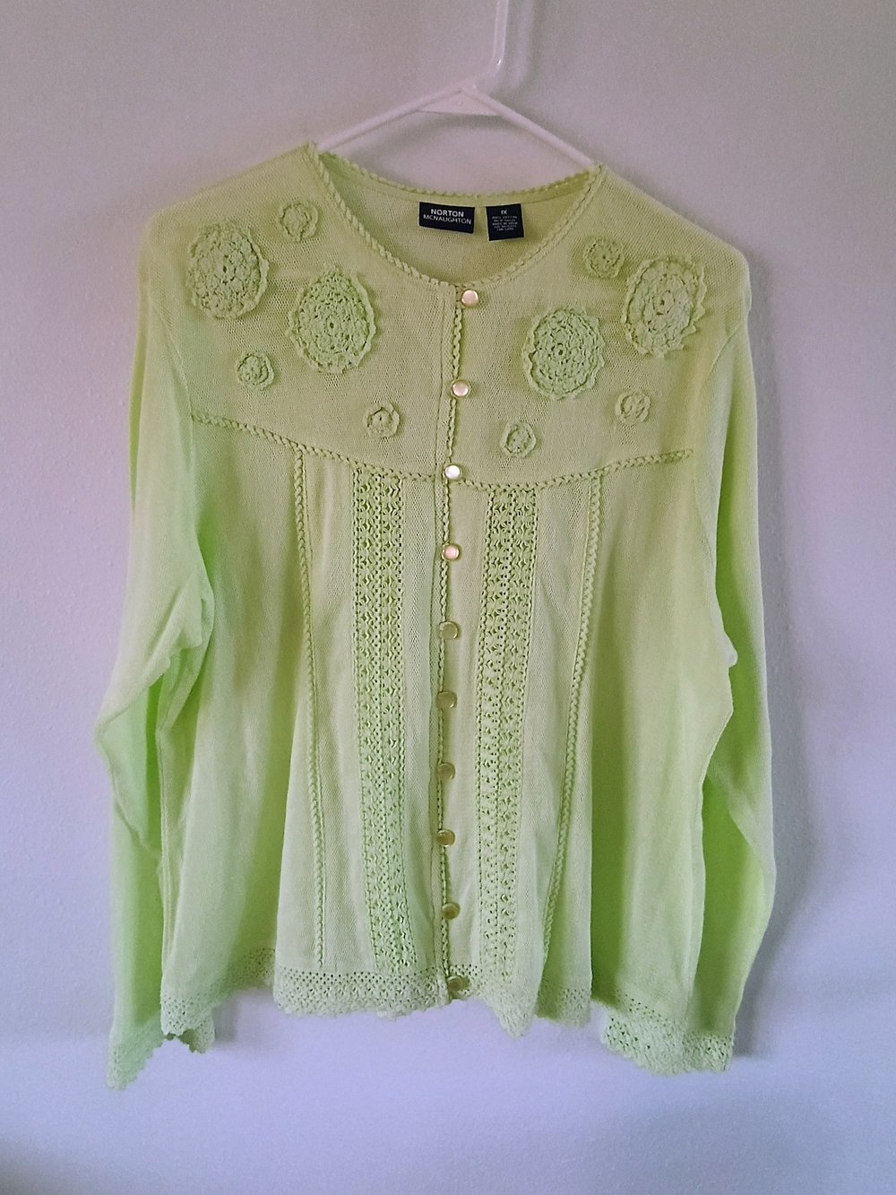 Norton McNaughton 1X Green Cotton Cardigan Sweater Floral Crochet Button Front